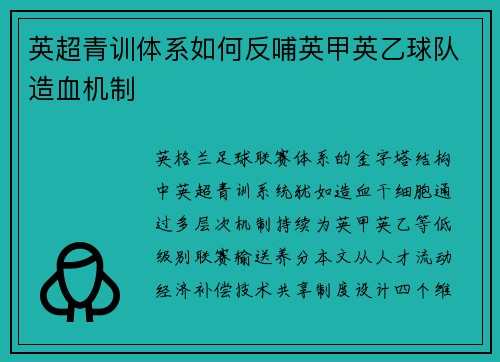 英超青训体系如何反哺英甲英乙球队造血机制