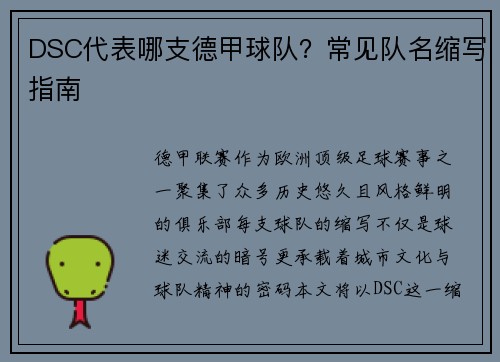 DSC代表哪支德甲球队？常见队名缩写指南