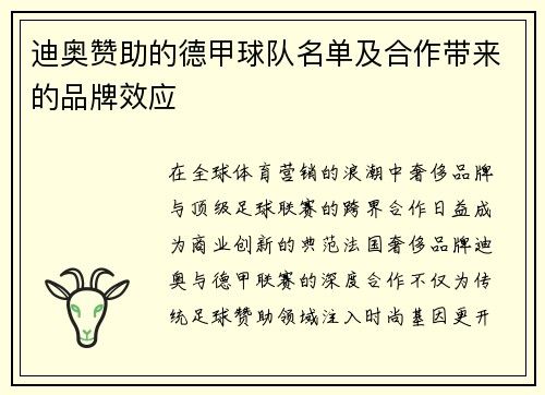 迪奥赞助的德甲球队名单及合作带来的品牌效应