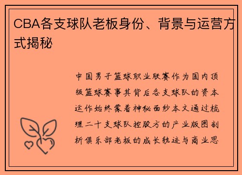 CBA各支球队老板身份、背景与运营方式揭秘